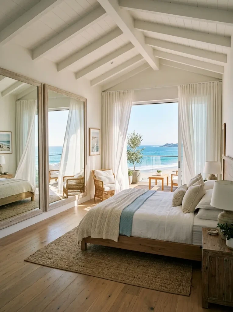 Beach-inspired bedroom using mirrors to enhance natural light