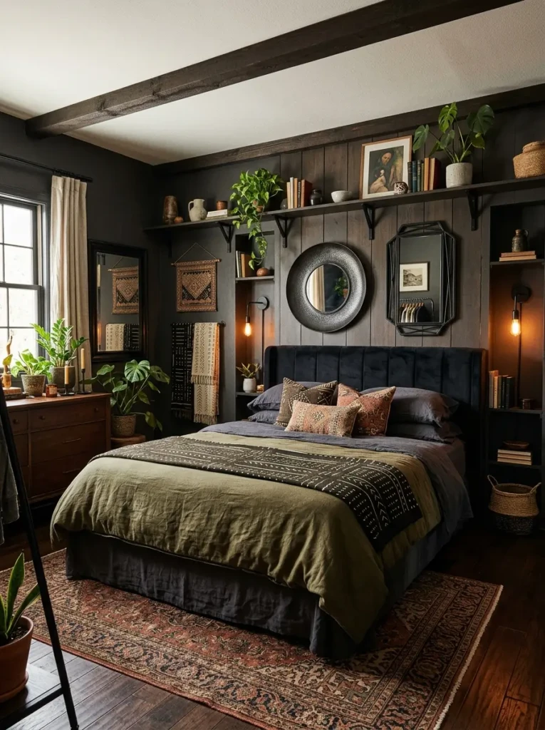 Black mirrors, shelving, and lighting fixtures in bohemian decor.