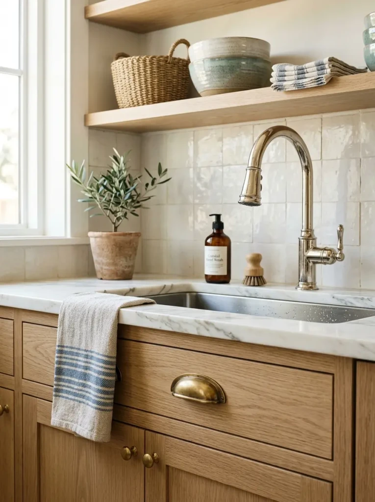 Close-up of mixed metal accents paired with natural wood textures.