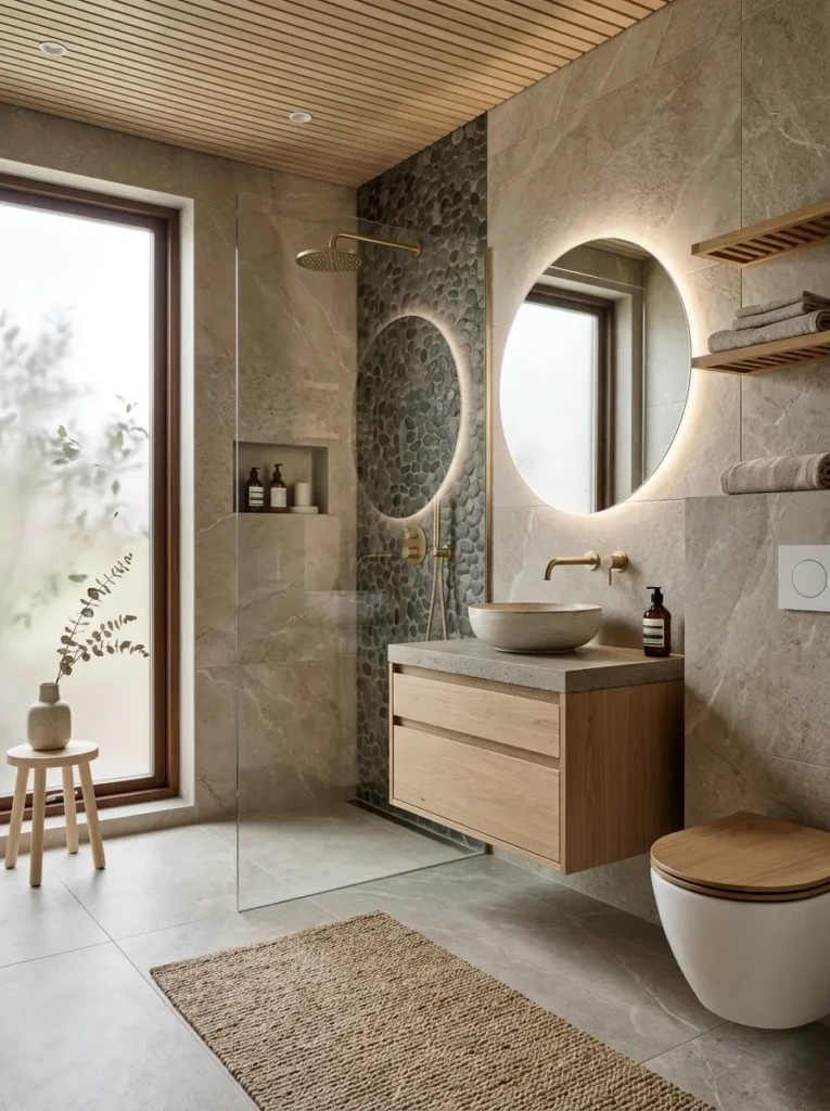 Bathroom design combining stone-look tiles and textured surfaces in neutral tones.