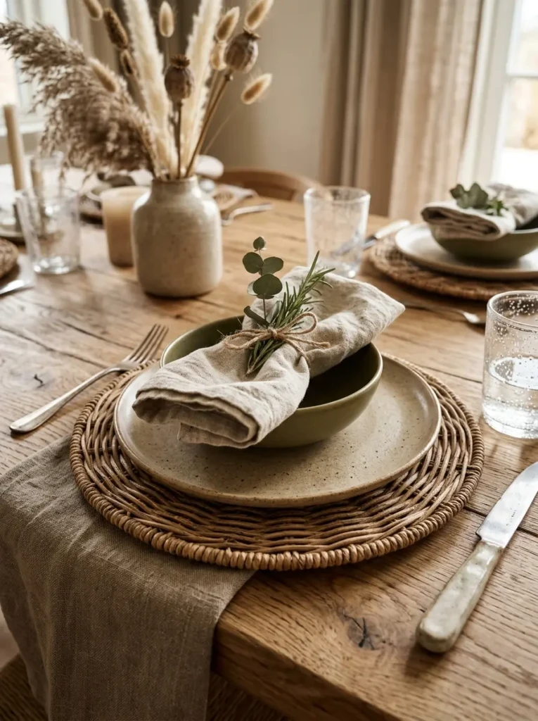 Close-up of woven placemats, matte ceramics, and natural wood accents on a dining table.