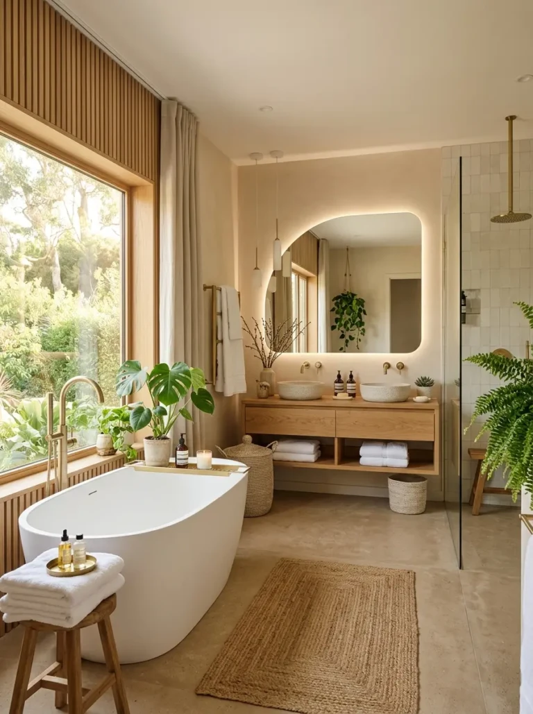Elegant bathroom with neutral colors, wood accents, greenery, soft lighting, and luxury spa-inspired decor