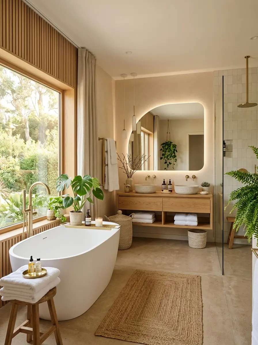 Elegant bathroom with neutral colors, wood accents, greenery, soft lighting, and luxury spa-inspired decor