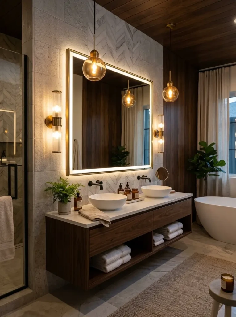 Modern bathroom with sconces, pendant lights, and a glowing mirror