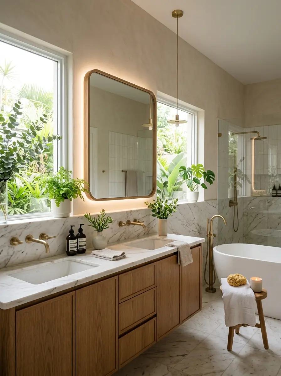 Modern bathroom featuring a stylish mirror for bathroom design with warm lighting, wood accents, and luxurious décor.