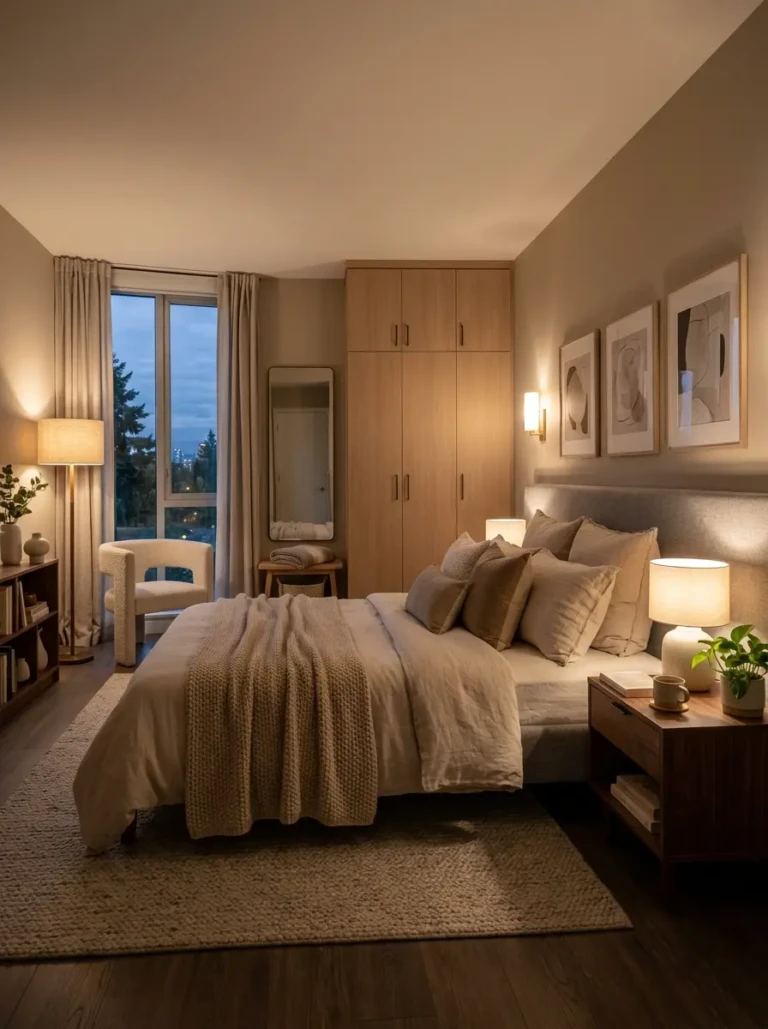 Elegant bedroom with cozy bedding, soft lighting, and a beautifully coordinated wardrobe creating a calm and stylish atmosphere.