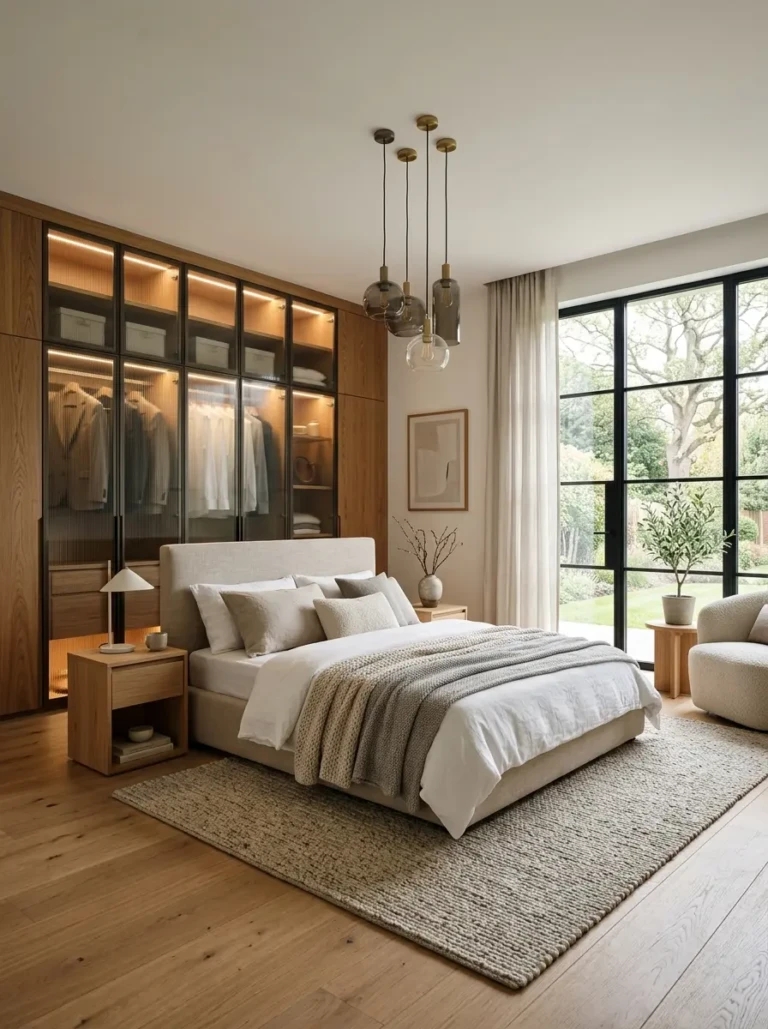 Modern bedroom with a floor-to-ceiling wardrobe, warm wood finishes, cozy bedding, and elegant neutral decor.