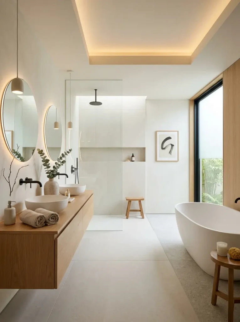 Clean bathroom surfaces emphasizing balance, openness, and peaceful simplicity.