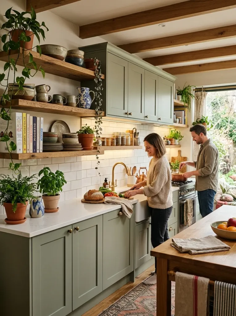 Cozy kitchen with decorative open shelves paired with practical closed cabinet storage.