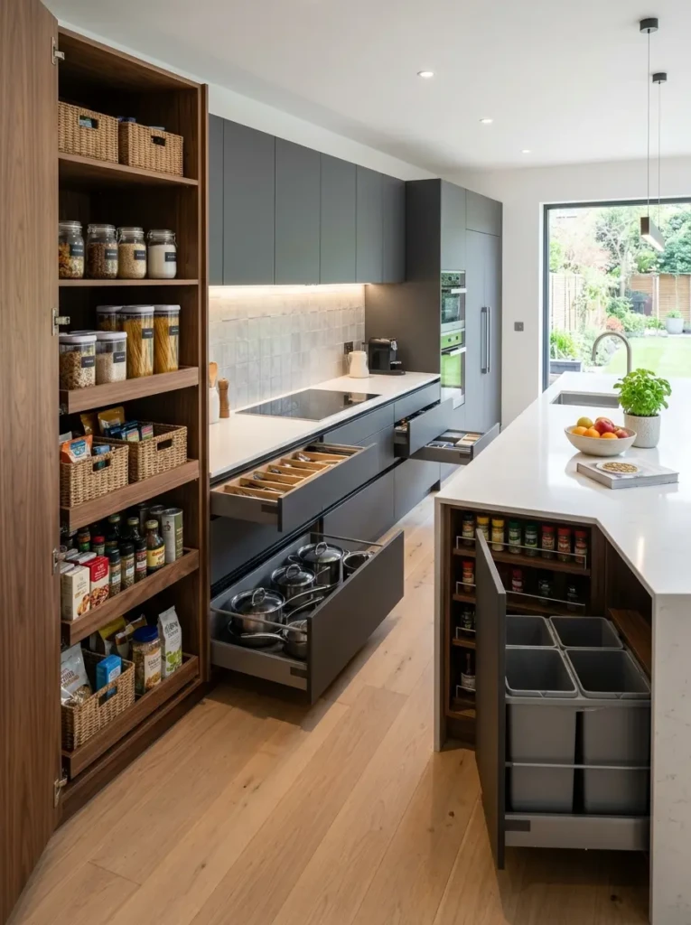 Modern kitchen showcasing pull-out drawers, pantry organizers, and hidden storage features.