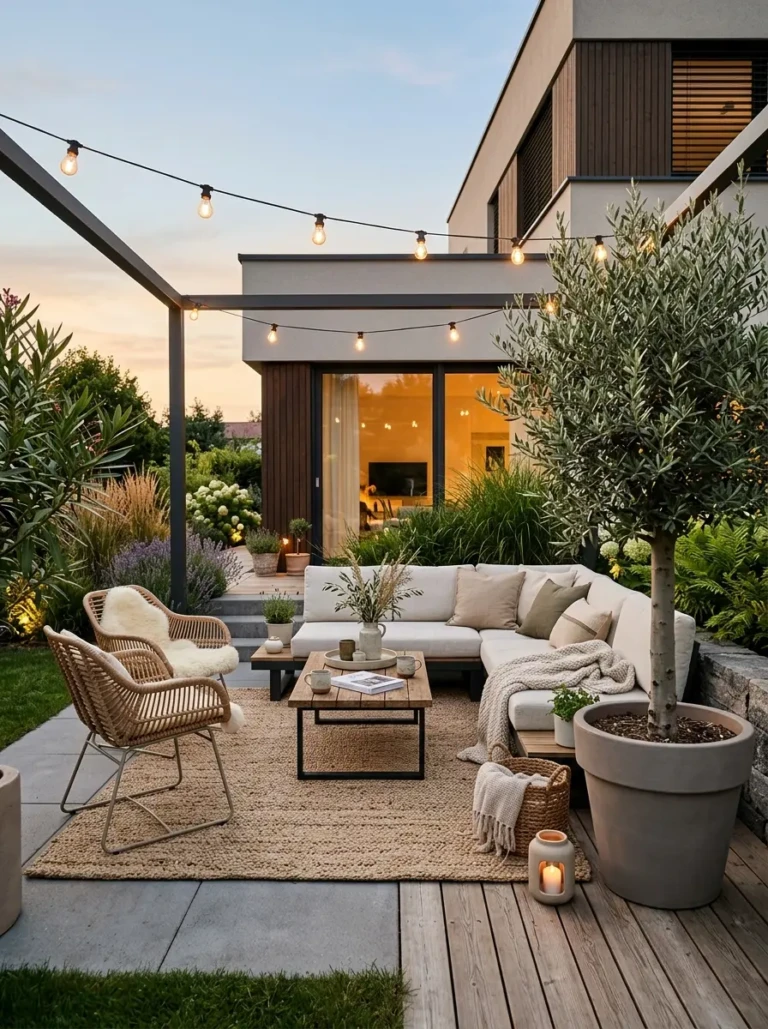 Beautiful minimalist patio with textured décor, olive tree, and inviting evening ambiance.