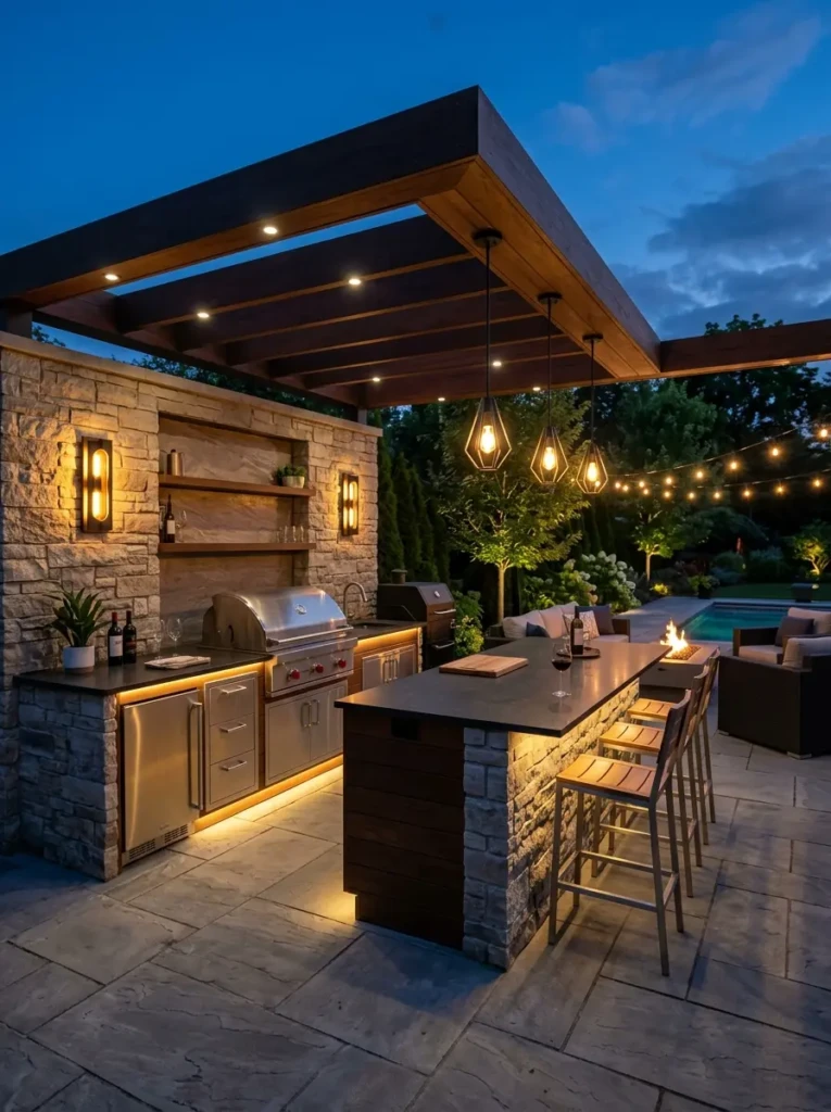 Modern outdoor kitchen featuring pendant lights and under-counter LED lighting.