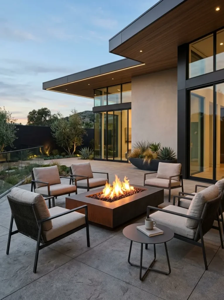Sleek outdoor patio featuring a contemporary fire pit and clean minimalist layout.