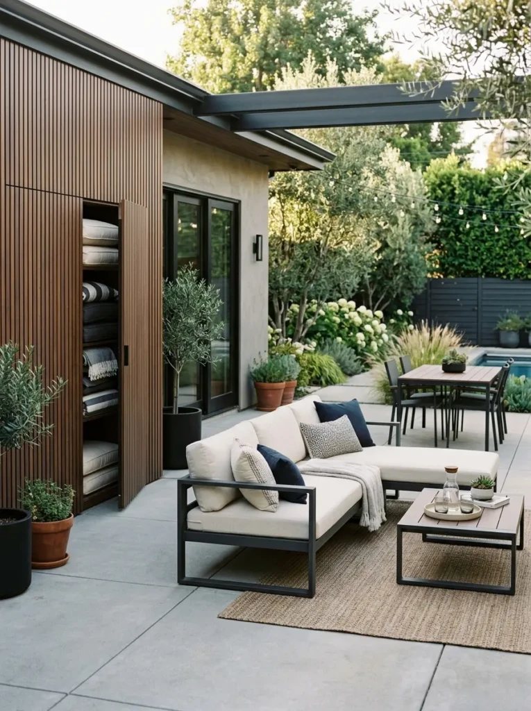 Minimalist patio with concealed storage cabinet and tidy outdoor furniture.