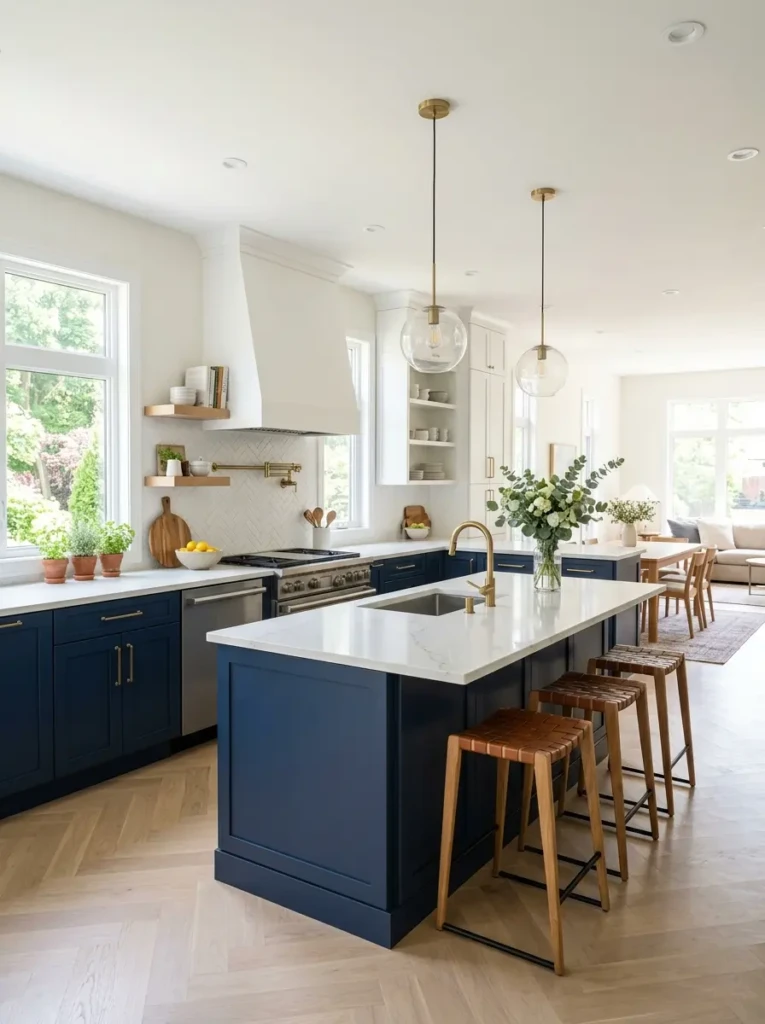 Modern kitchen showcasing navy lower cabinets, white upper cabinets, and coordinated hardware.
