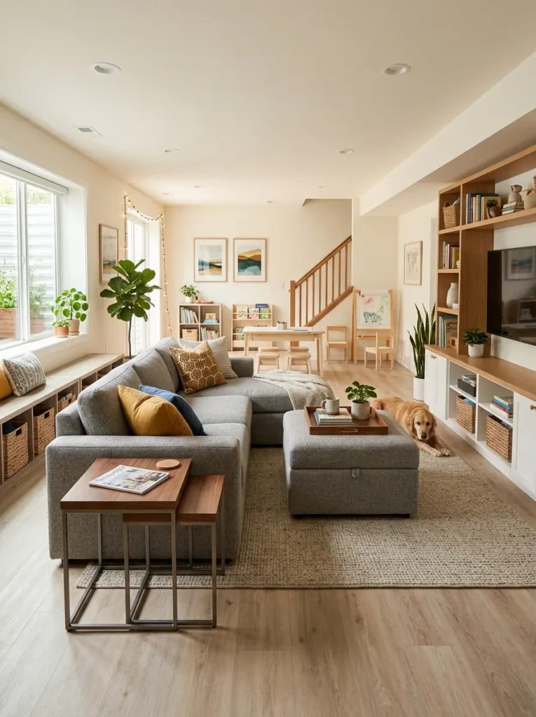 Basement living room with modular furniture and practical storage solutions