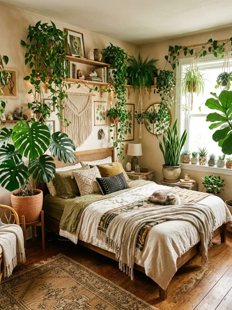 Monstera, pothos, and snake plants displayed throughout a cozy bohemian bedroom.