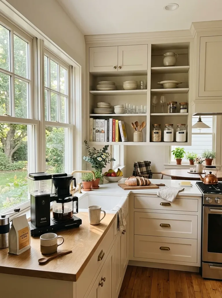 Sunlit kitchen featuring organized cabinets, warm décor, and a welcoming atmosphere for everyday living.