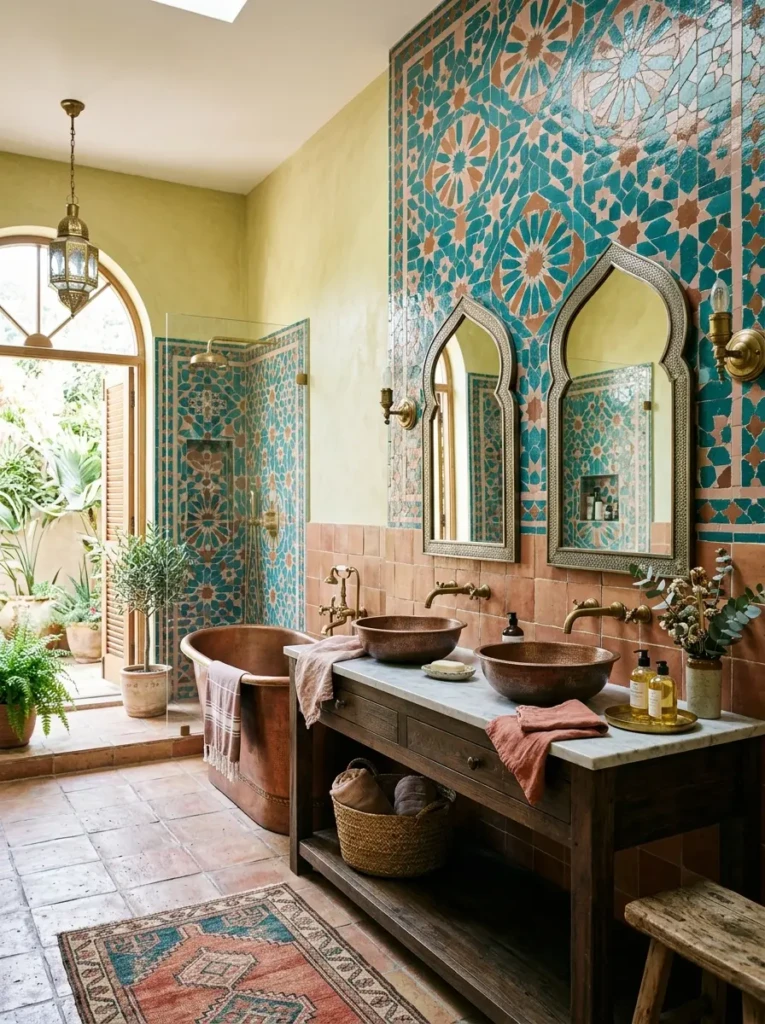 Bathroom showcasing stylish mixed-color tile designs