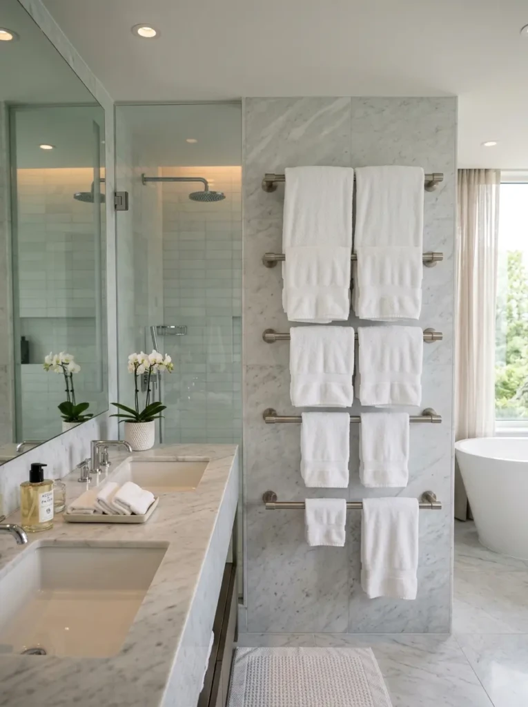 Multi-bar towel rack featuring matching white towels in a hotel-inspired setting.