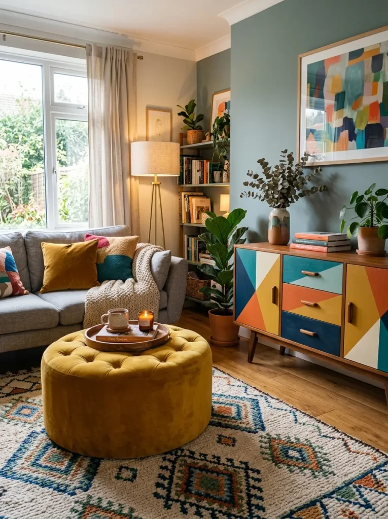 Mustard ottoman and colorful storage cabinet enhancing a cozy aesthetic interior.