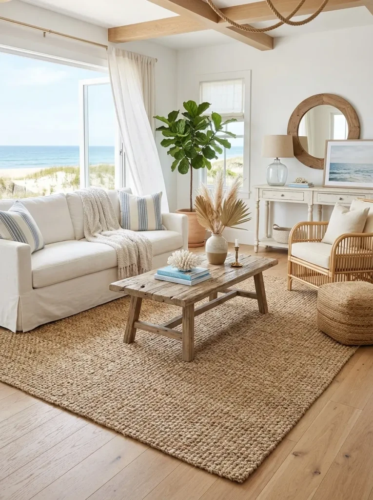 Beach-inspired living room featuring natural fiber rugs, driftwood furniture, and layered textures.