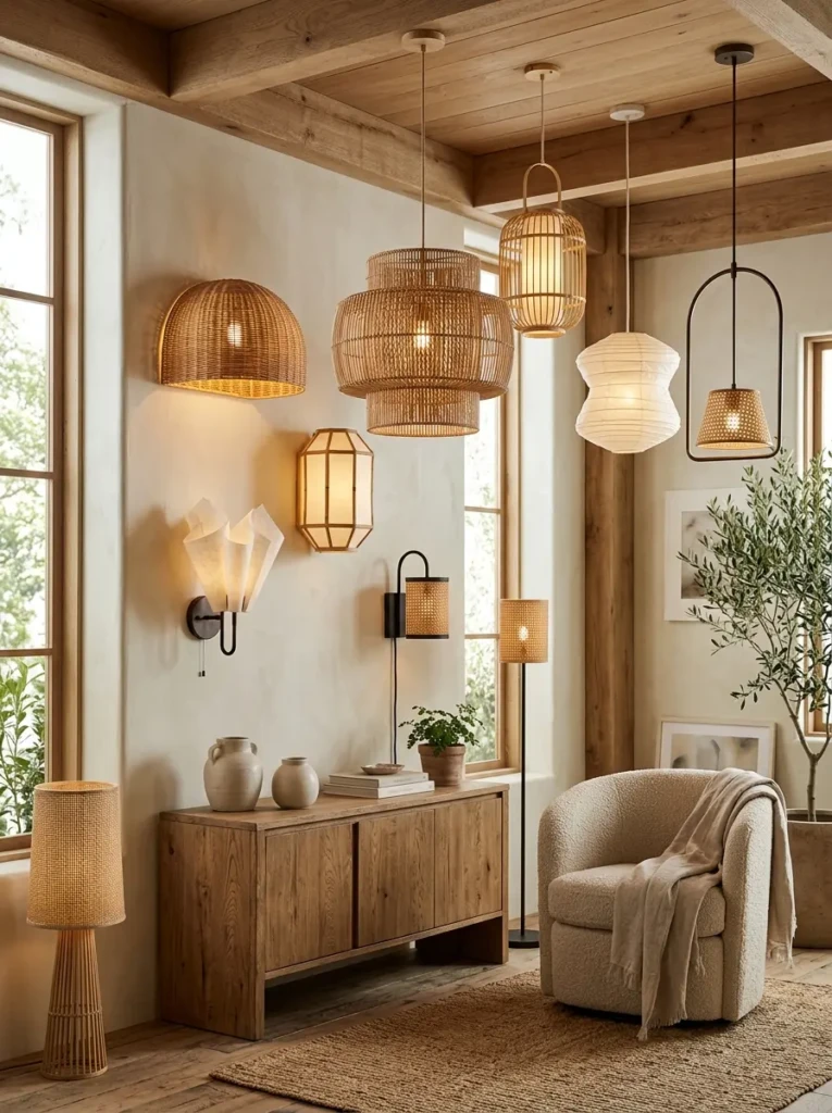 Large woven pendant light hanging above a modern wood dining table.