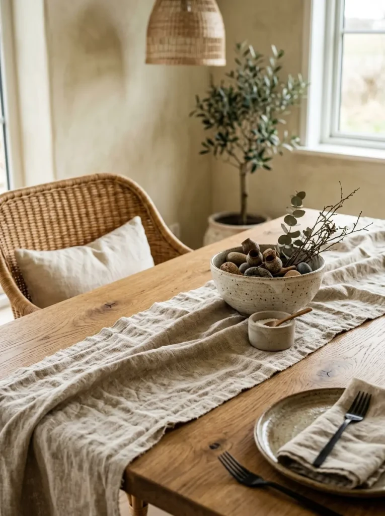 Close-up of oak wood, linen fabrics, stone accents, and rattan furniture in a dining room