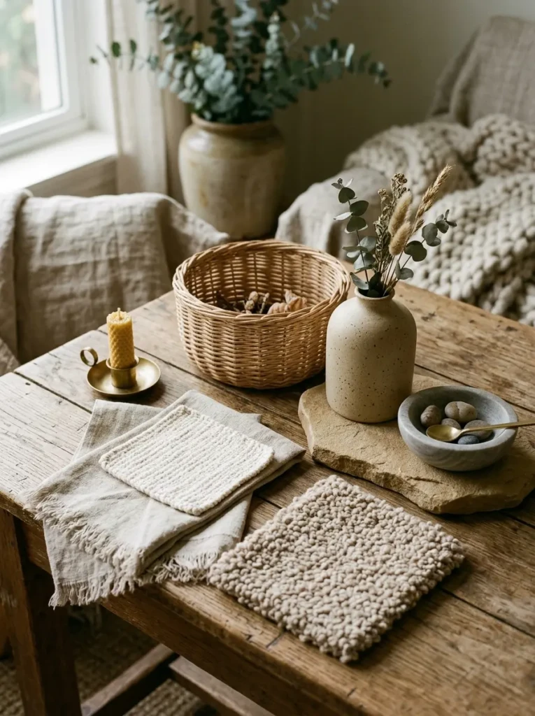 Dining room styled with woven chairs, linen curtains, and ceramic decor
