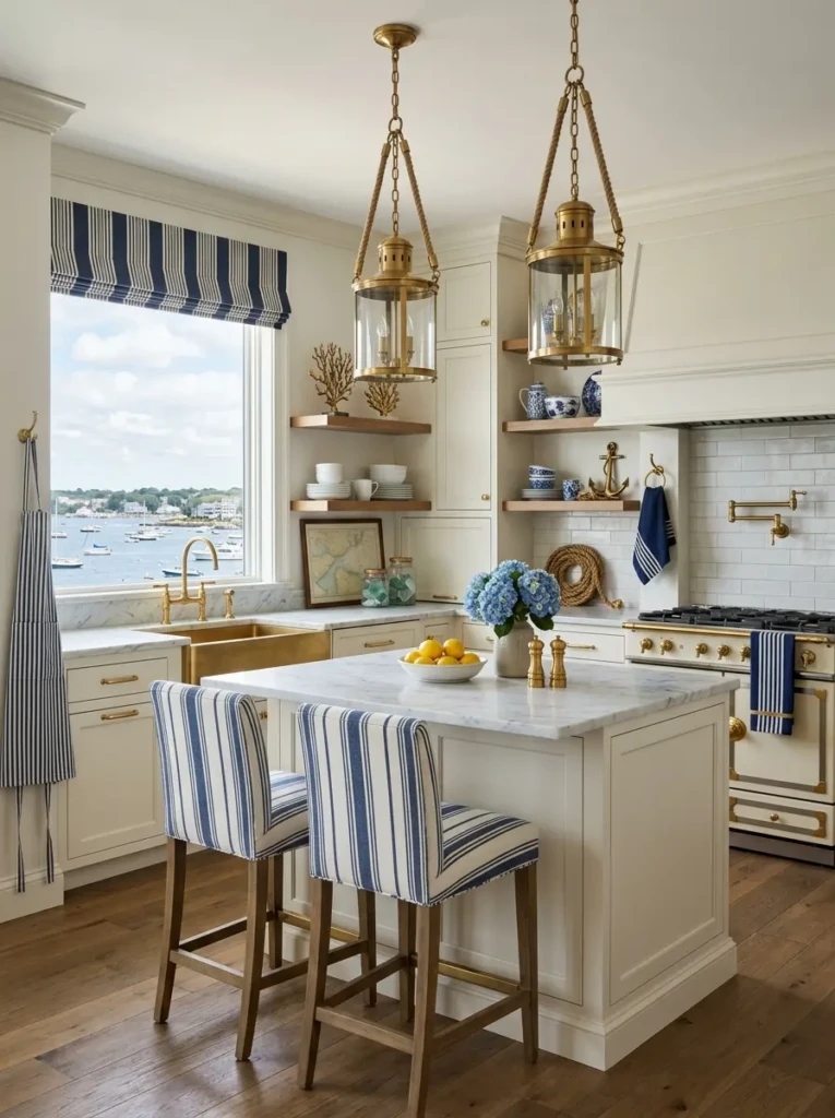 Kitchen featuring navy stripes, rope accents, and brass coastal hardware.