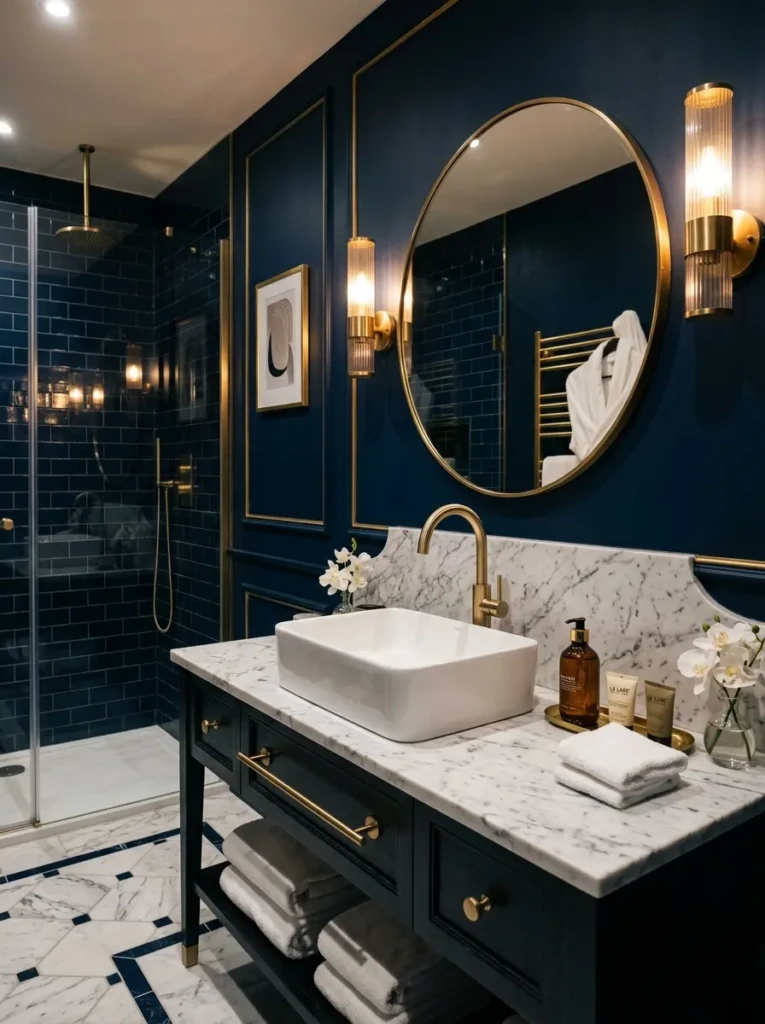 Luxurious navy blue bathroom with gold hardware, white accents, and boutique hotel-inspired styling.