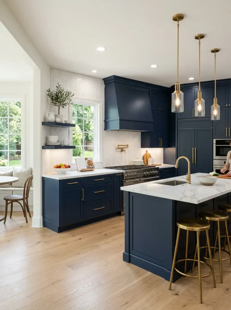 Navy blue cabinetry paired with brass handles, white backsplash, and bright walls for balanced contrast.