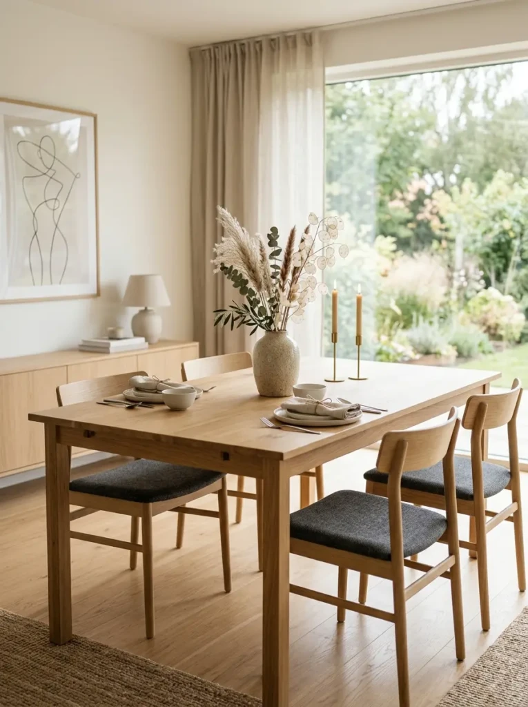 Neutral minimalist round dining table styling with clean lines and open space.