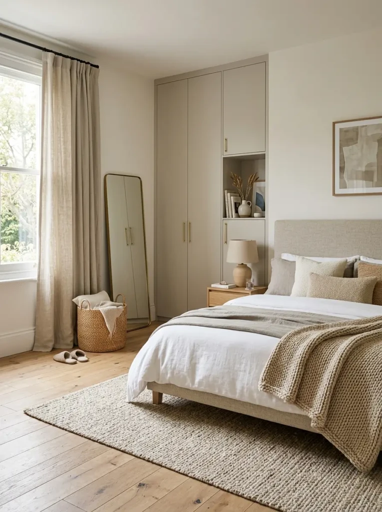 Elegant bedroom with a greige wardrobe, oak flooring, and soft linen textures.