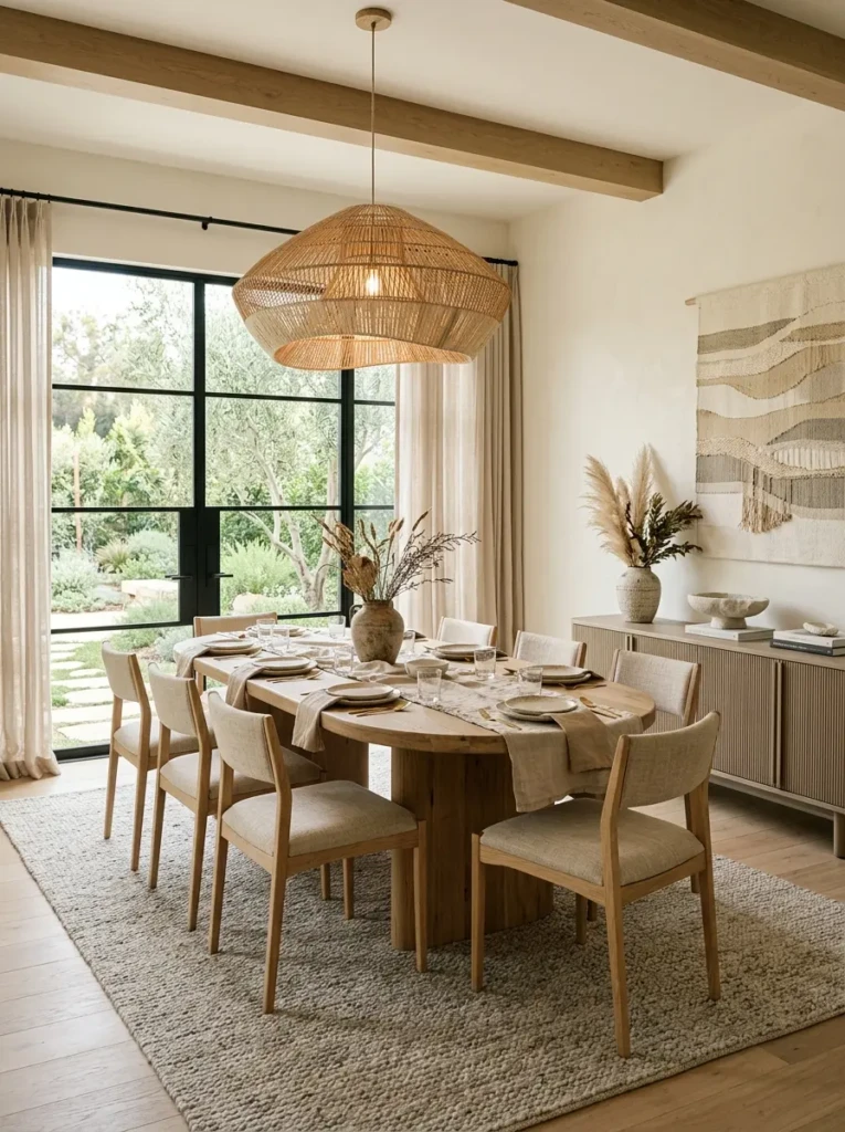 Dining room decorated with warm beige, cream, and soft taupe tones.