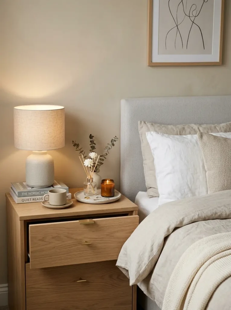 Beautiful bedside table styled with elegant decor and warm lighting.