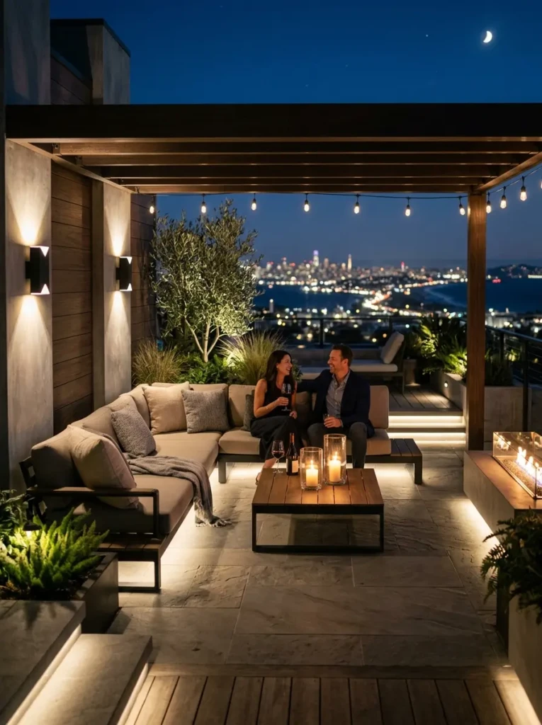 Modern patio with wall sconces, candles, and elegant evening lighting design.