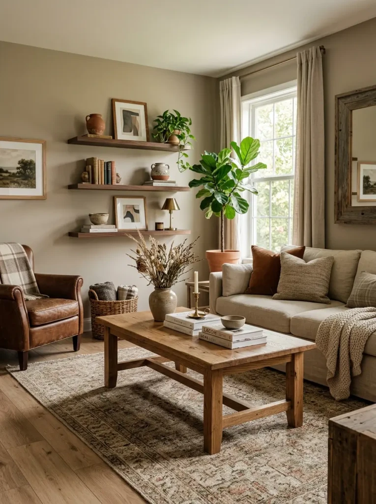 Cozy interior featuring reclaimed wood decor, walnut shelves, and warm earthy accents.