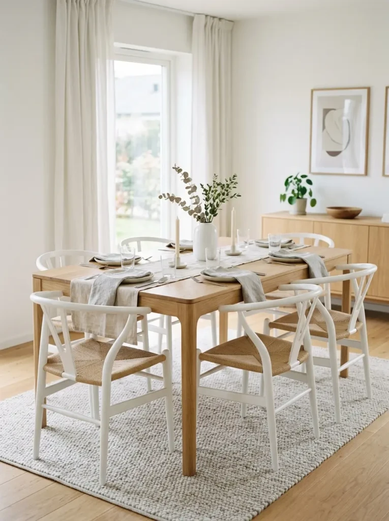 Scandinavian dining table with white chairs and simple modern styling