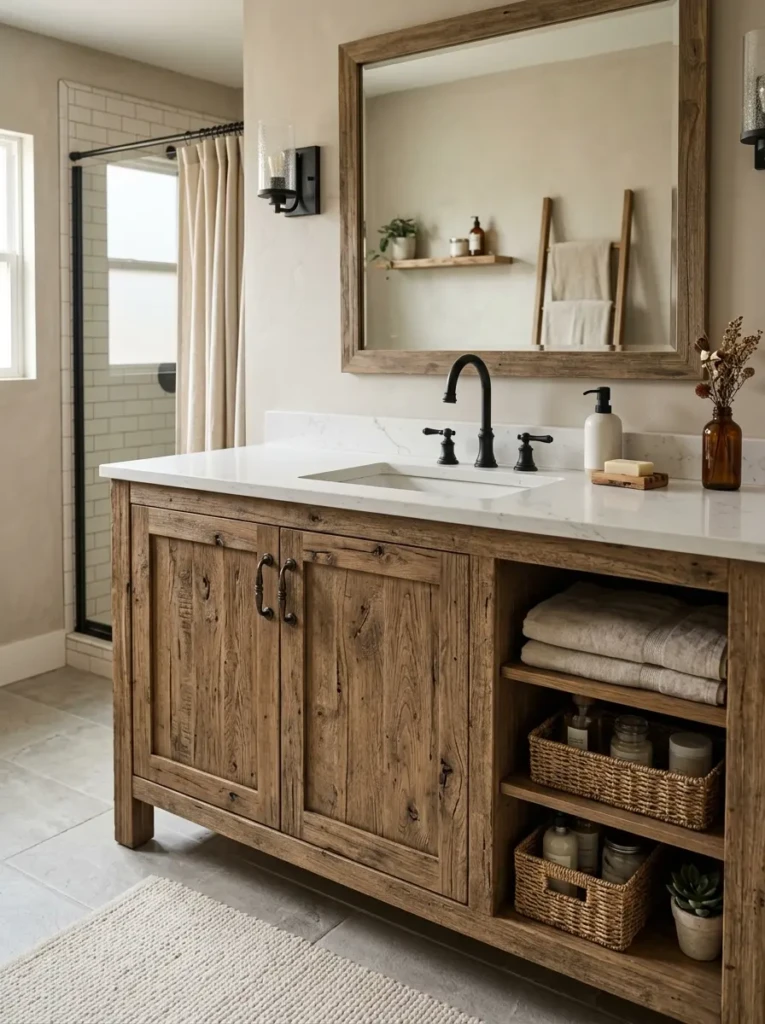 Rustic oak vanity with antique hardware, white countertop, and black faucet in a cozy bathroom.