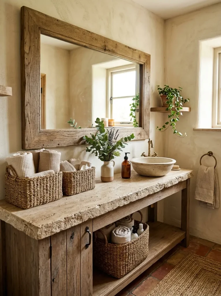Oak-framed mirror with stone countertop, woven baskets, and greenery accents.