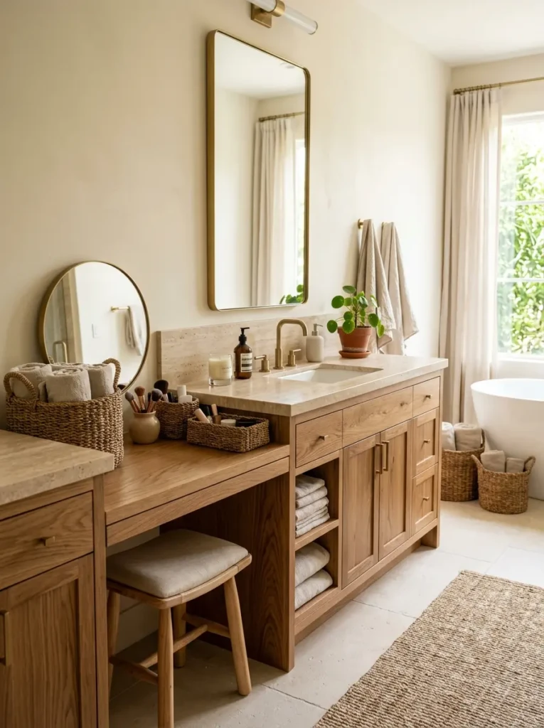 Warm wood bathroom vanity with makeup area, neutral stone countertop, woven baskets, and organic spa-inspired decor.