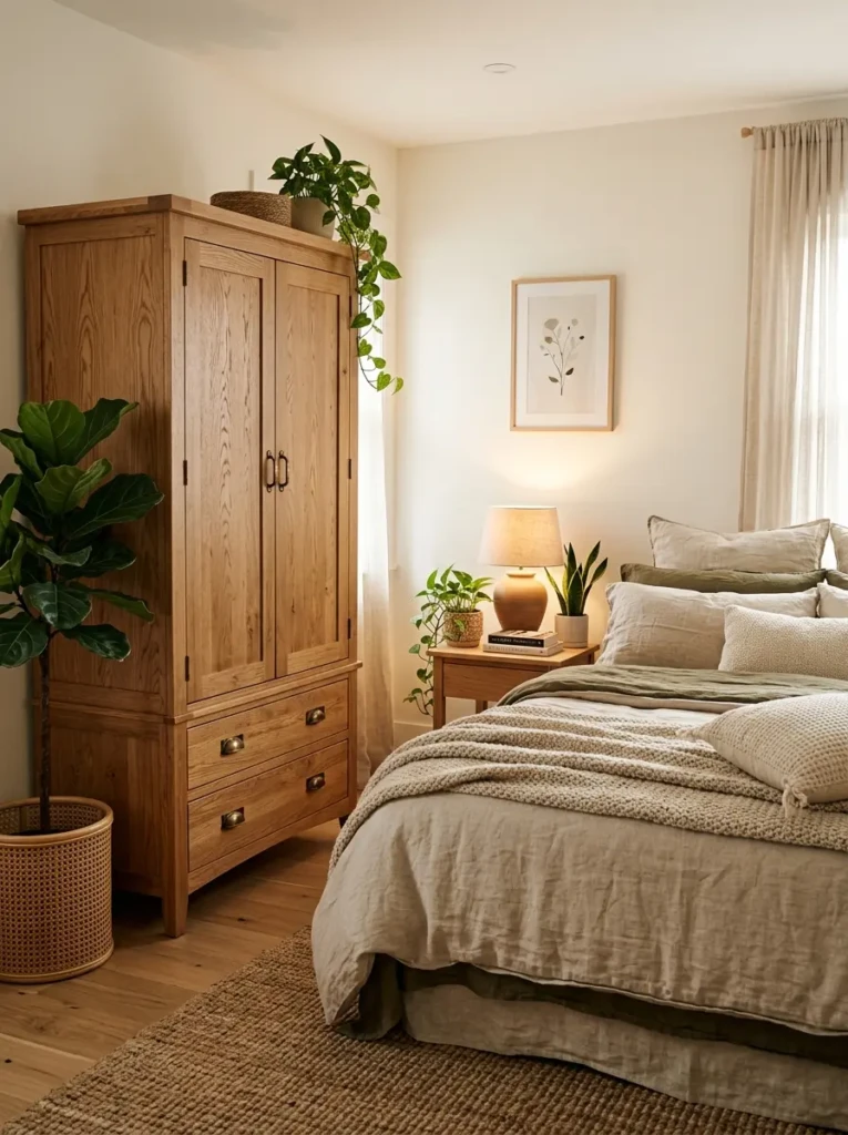 Elegant oak wardrobe paired with soft linen bedding and warm decorative accents.