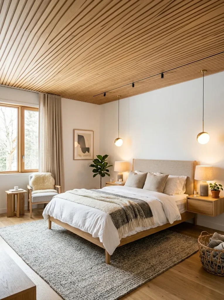 Contemporary bedroom with oak wood ceiling panels, white walls, and cozy furnishings.