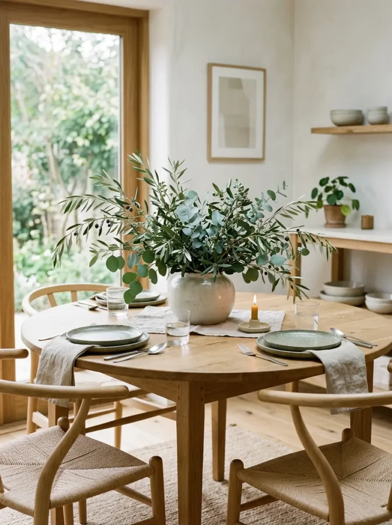 Olive branches and eucalyptus arranged in a low vase on a round dining table.