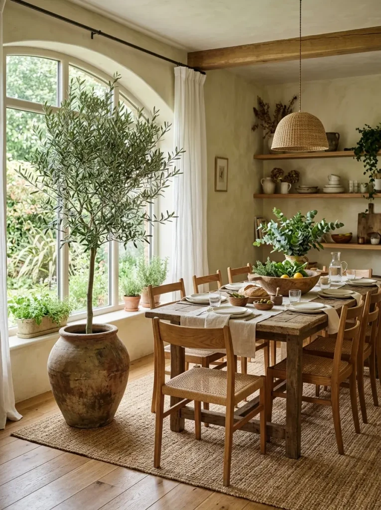 Dining room styled with indoor plants, clay pottery, and a woven natural rug.