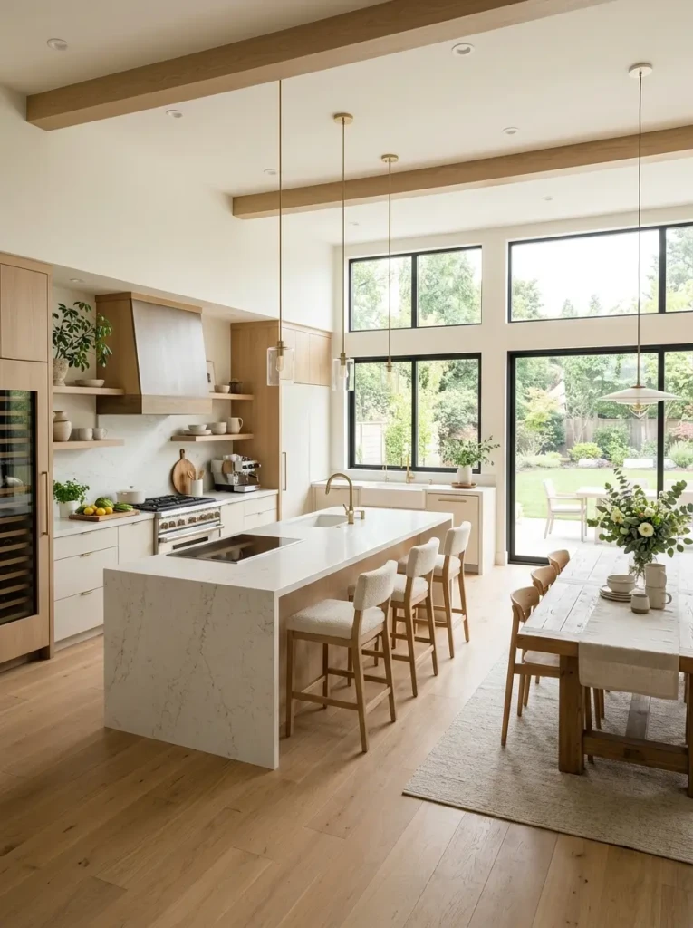 Spacious chefs kitchen with an open floor plan, wide walkways, natural light, and seamless cooking and dining areas.