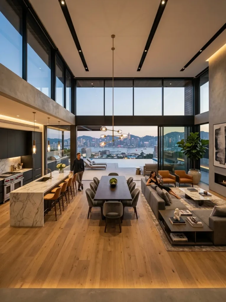 Spacious room layout with clear circulation around a floating sofa.