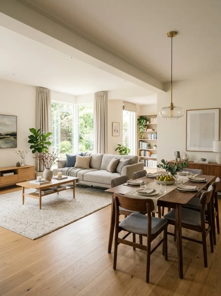 Slim dining table with modern materials enhancing an open-plan layout.