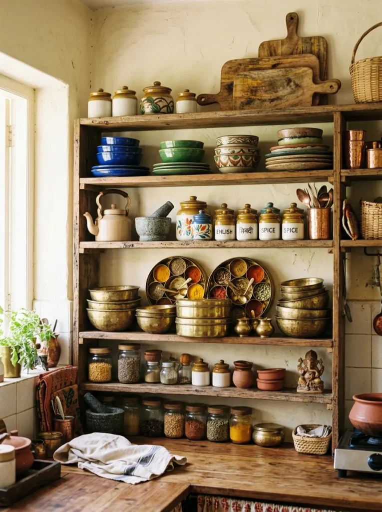 Open shelves showcasing brass bowls, masala boxes, ceramic dishes, and wooden serving boards.